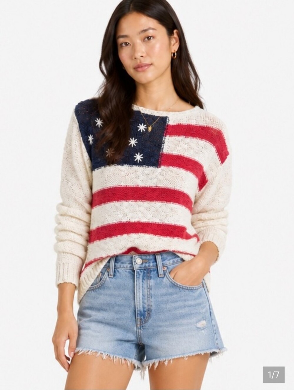 Lucky Brand Cream, Red & Navy Flag-Striped Knit Sweater- M